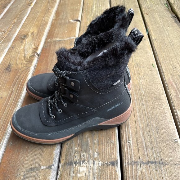 NIB Merrell Slyva Mid Lace Waterproof Black Leather Boots - Women's 11 - Picture 5 of 12